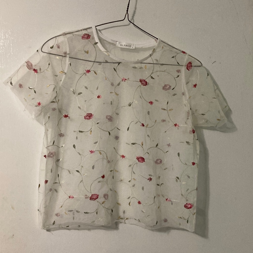 White sheer top with floral embroidery